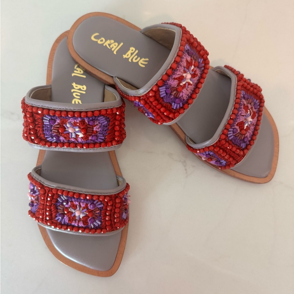 Anthropologie Coral Blue Granny Sandals Slides Beaded Red Purple Size 39 Boho